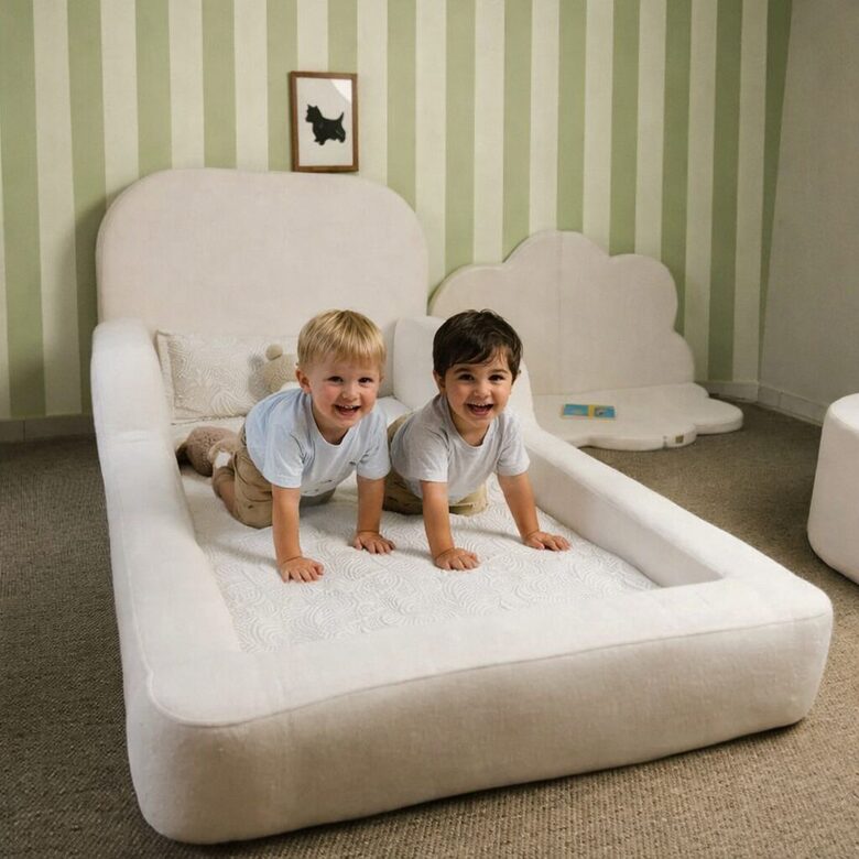 Lit de sol Montessori en mousse LUULA Ylo avec matelas 160×80, tissu bouclé Macadamia (emballé sous vide)